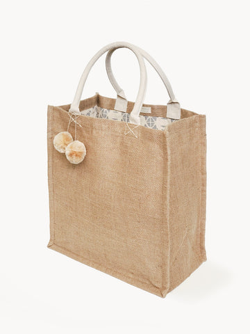 Jute Canvas Market Bag With Pompom by KORISSA KORISSA