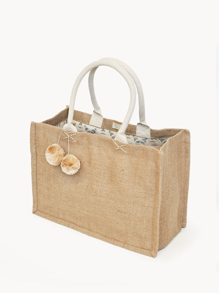 Jute Canvas Shopping Bag With Pompom by KORISSA KORISSA