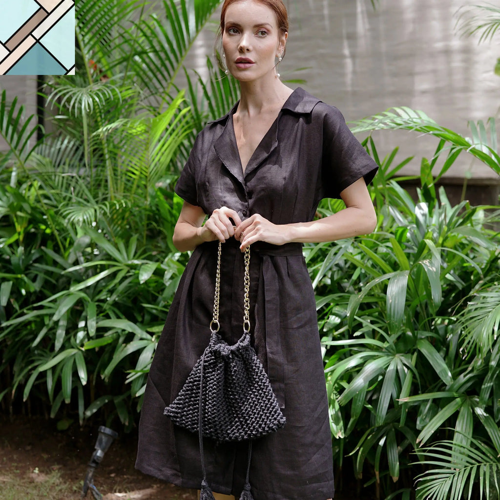 ARYA Safari Linen Midi Dress, in Black by BrunnaCo BRUNNA CO