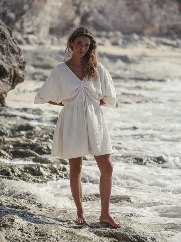 Gaia Drawstring Mini Dress - Natural With Gold Stripes by The Handloom The Handloom