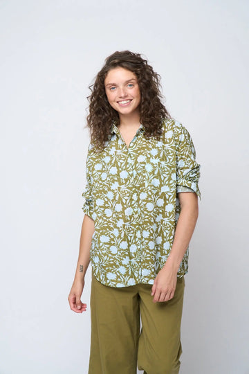 Good Boyfriend Shirt - Floral Escape Olive Oil & Cerulean by And For Good And For Good