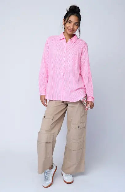 Good Boyfriend Shirt - Menswear Stripe Neon Pink by And For Good And For Good