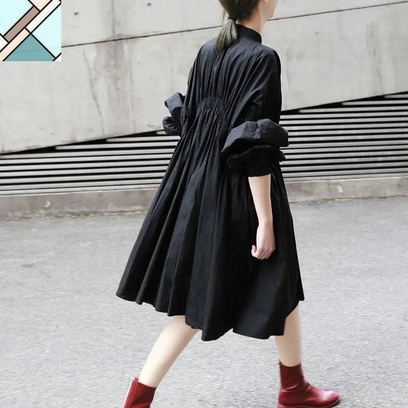 Hotaru Long Sleeve Pleated Shirt Dress - Black by Marigold Shadows MARIGOLD SHADOWS