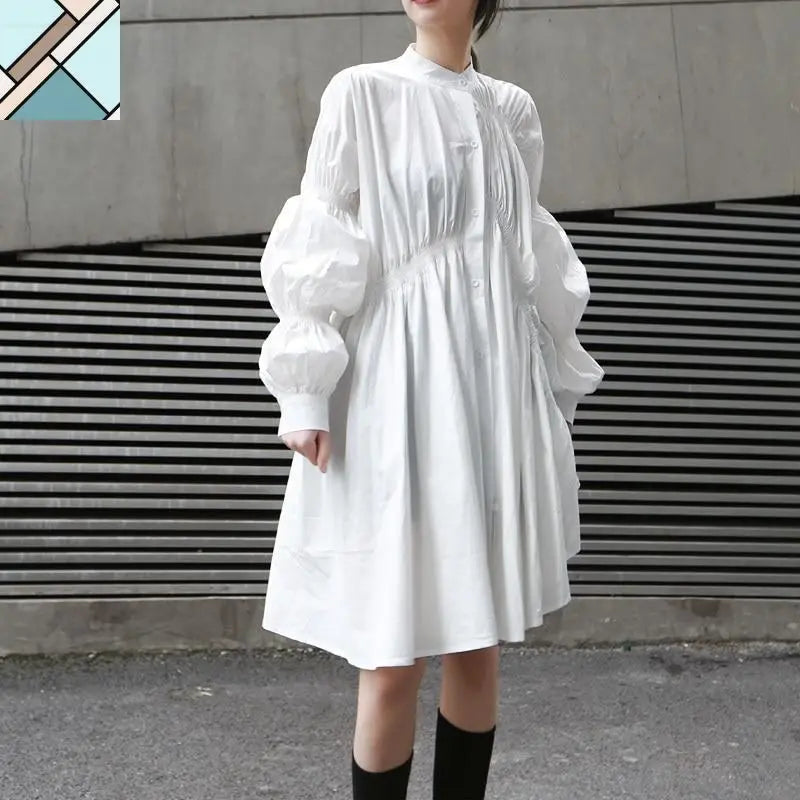 Hotaru Long Sleeve Pleated Shirt Dress - White by Marigold Shadows MARIGOLD SHADOWS