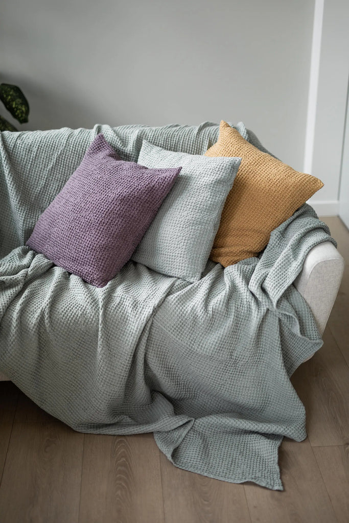 Linen waffle blanket in Sage Green by AmourLinen AMOURLINEN