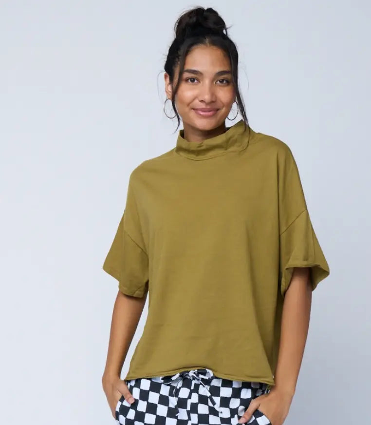 Mare Mock Neck Top - Olive Oil by And For Good And For Good