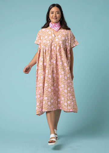 Meadow Dress -                                      Floral Escape in Baked Clay & Neon Pink by And For Good And For Good