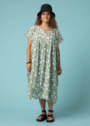 Meadow Dress -                                      Floral Escape in Olive Oil & Cerulean by And For Good And For Good