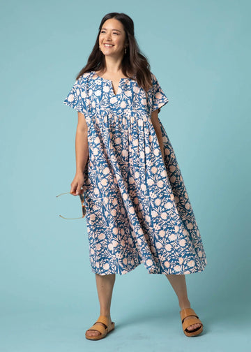 Meadow Dress -                                      Floral Escape in True Navy & Neon Peach by And For Good And For Good