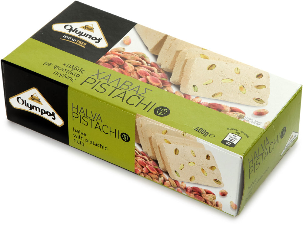 Olympos Pistachio Halva: A Rich and Savory Greek Treat Made with Authentic Ingredients and Expert Care - 14.11 oz / 400gr by Alpha Omega Imports ALPHA OMEGA IMPORTS