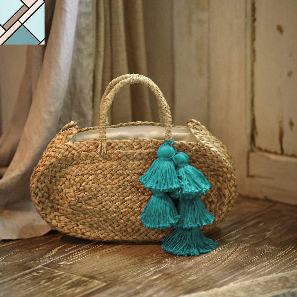 Oval Luna Straw Tote Bag - with Cerulean Blue Tassels by BrunnaCo BRUNNA CO