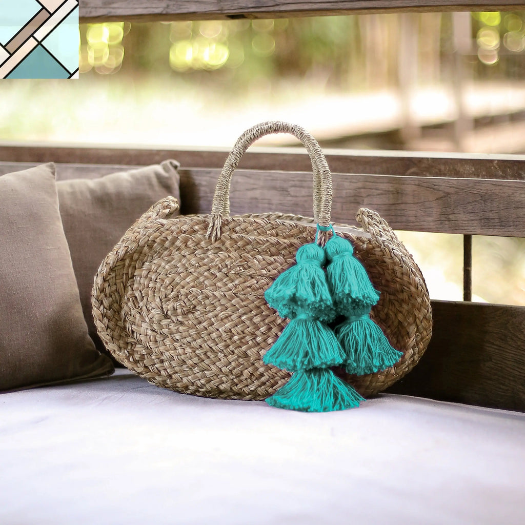 Oval Luna Straw Tote Bag - with Cerulean Blue Tassels by BrunnaCo BRUNNA CO