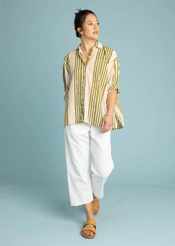 Relaxed Boyfriend Shirt - Mixed Up Stripe Baked Clay Olive Oil by And For Good And For Good