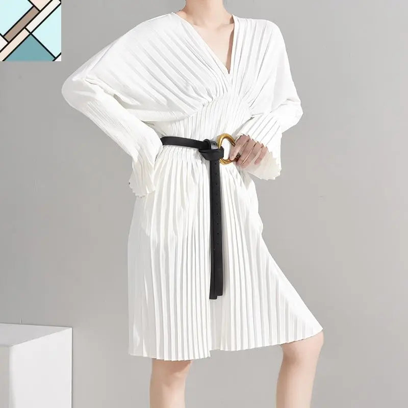 Sakiya Pleated Long Sleeve Shirt Dress - White by Marigold Shadows MARIGOLD SHADOWS