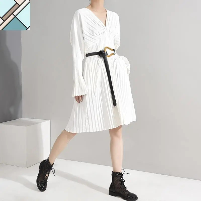 Sakiya Pleated Long Sleeve Shirt Dress - White by Marigold Shadows MARIGOLD SHADOWS