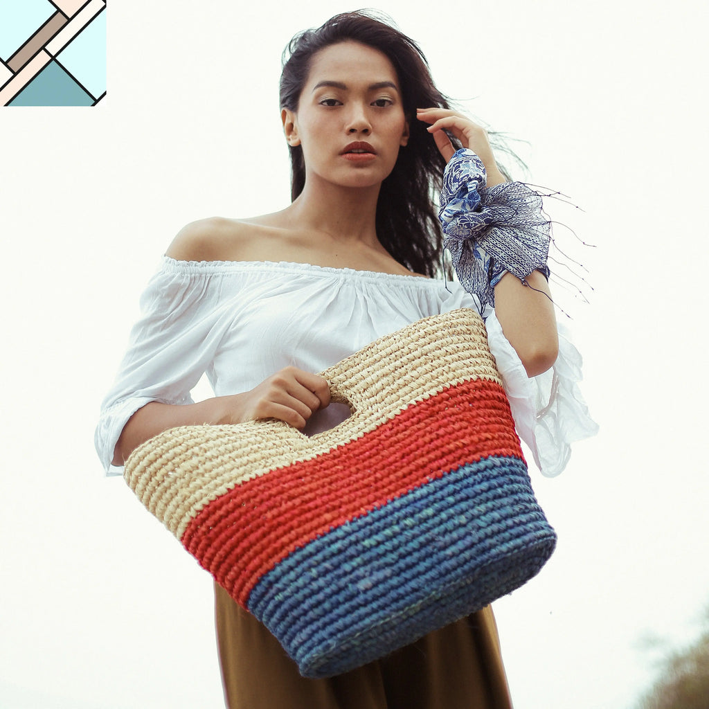 Sayan Raffia Tote Bag, in Red & Blue by BrunnaCo BRUNNA CO