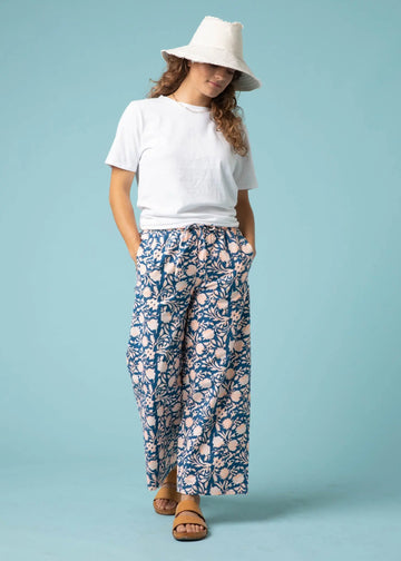 Shore Pant - Floral Escape in True Navy & Neon Peach by And For Good And For Good