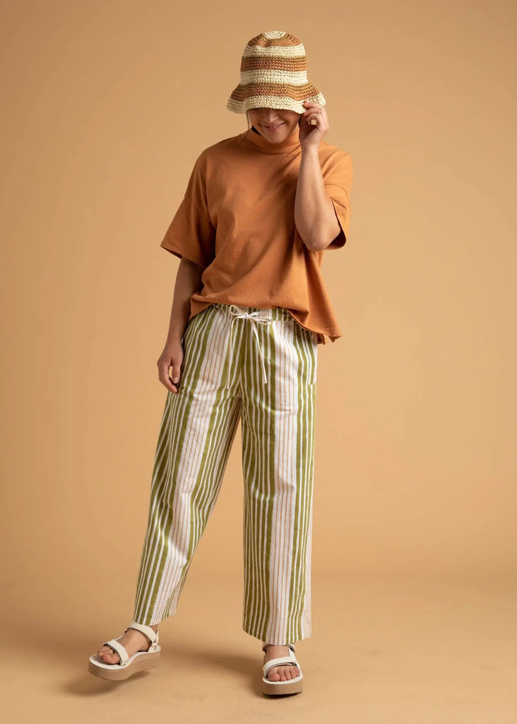 Shore Pant - Mixed Up Stripe Baked Clay & Olive Oil by And For Good And For Good