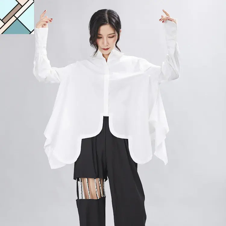 Sonoya Lapel Long Sleeve Irregular Hem Shirt by Marigold Shadows MARIGOLD SHADOWS