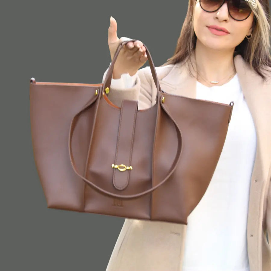 Women's Large Leather Tote with Buckle Closure - Top Handle Tote Bag in Large Size, Leather Handbag, women's handbag for work by Dioura Dioura